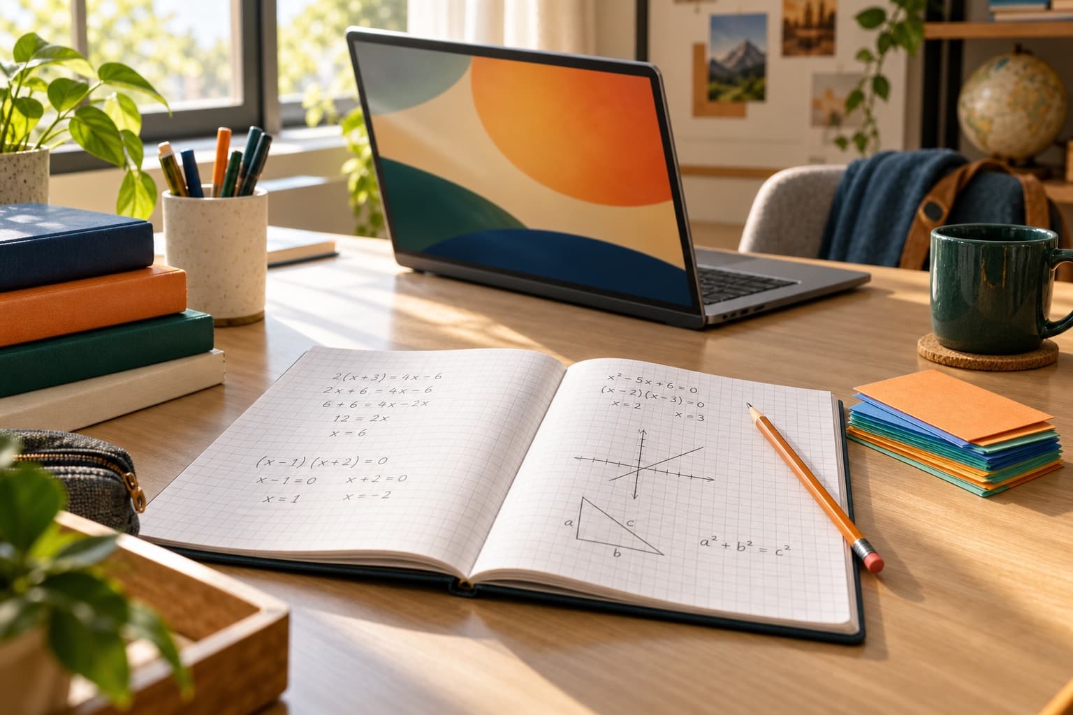 A bright online learning desk with a notebook and laptop
